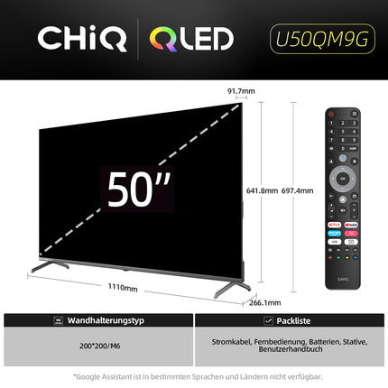 CHIQ U50QM9G 50-tolline (126 cm) televiisor, 4K QLED, Google TV, DLG 120Hz, MEMC, Dolby Audio, kolmekordne tuuner, Wi-Fi 5G, Google Assistant, must, 2025