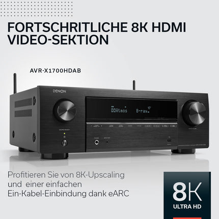 Denon AVR-X1700HDAB 7.2-kanaliga AV-ressiiver, HiFi võimendi Dolby Atmose, DTS:X, 6 HDMI sisendi ja 1 väljundiga, 8K HDMI, Bluetooth, Wi-Fi, AirPlay 2, HEOS Multiroom, Alexa ühilduv