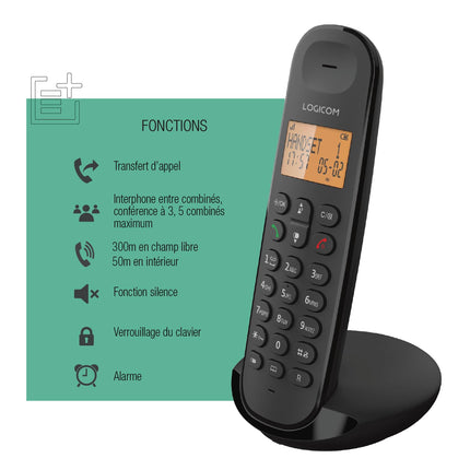 Logicom ILOA 100 Cordless Landline Phone without Answering Machine – Solo – Analog and DECT Phones – Black