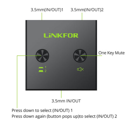 LLiNKFOR 3,5 mm stereo helilüliti, 2(1) sisendit ja 1(2) väljundit koos 3,5 mm helikaabliga, helivaliku lüliti ja helijaotur kõrvaklappidele