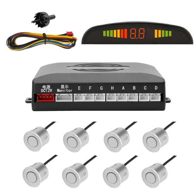 Tkoofn Car Buzzer Parking Aid Reversing Aid 8 Rear Sensors with LED Color Display Car Parking Sensor System Beeper Radar Kit Rear - Silver