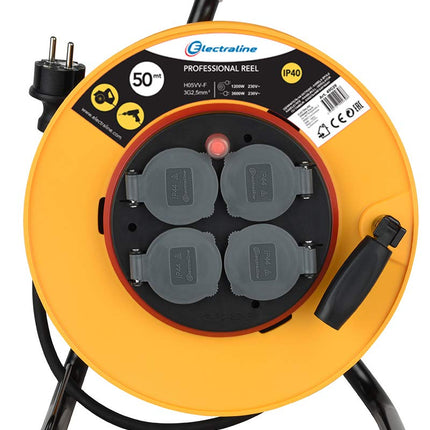 Electraline 49039, Professional kaablirull, H05VV-F 3G2.5 50 m kaabel/kaablirull 4 Schuko pistikupesaga, IP40, kollane