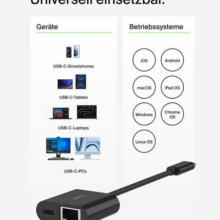 Belkini USB-C/Etherneti ja laadimisadapter (100W) gigabiti Etherneti ja USB-C pordiga – 10/100/1000 Mbps kiireks internetiühenduseks – ühildub iPhone 16, Samsung Galaxy S24 ja teistega.
