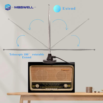 Maswell DAB DAB+ Antenna FM Radio Antenna Digital Telescopic Antenna for Indoor Use with Magnetic Base Extension Cable for 75 Ohm FM Radio Tuner Stereo AV HiFi Receiver