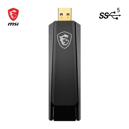 MSI AX1800 WiFi 6 kahesageduslik USB-adapter - WiFi kuni 1800 Mbps (5 GHz, 2,4 GHz traadita), USB 3.2 Gen 1 Type-A, MU-MIMO, reguleeritav antenn, kiirguse kujundamine, WPA3 - juhtmega kinnitus kaasas