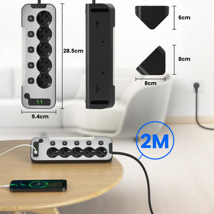 Nurgapistikupesa kööki ja kontorisse, pikendusjuhe eraldi lülitatav 5-suunaline, lauapistikupesa USB C-ga, seinale kinnitatav mitmikpistikupesa lülitiga, metallist pikendusjuhe ülepingekaitsega 2M kaabel, must