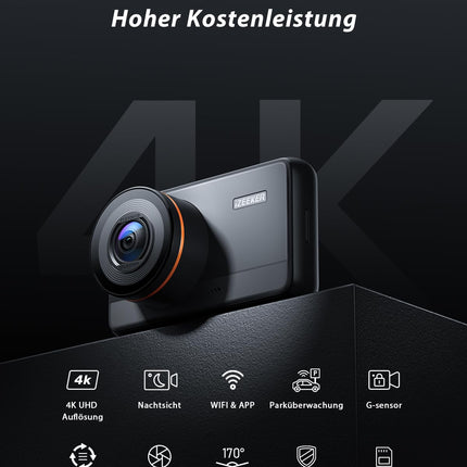 iZEEKER 4K autoregistraator, 2160P WiFi autoregistraator 32 GB mälukaardiga, öise nägemisega autoregistraator silmussalvestusega, G-anduri automaatne lukustus, 24h parkimisrežiim, WDR