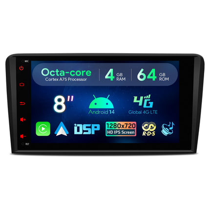 XTRONS 8-tolline Android 13 autoraadio Octa Core 4GB 64GB multimeediamängija sisseehitatud 4G LTE CarAutoPlay Android Auto DSP GPS Bluetooth 5.0 WiFi USB valikuline OBD DAB DVR TPMS Audi A3 S3 RS3 jaoks