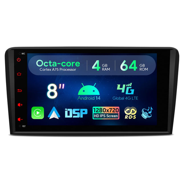 XTRONS 8-tolline Android 13 autoraadio Octa Core 4GB 64GB multimeediamängija sisseehitatud 4G LTE CarAutoPlay Android Auto DSP GPS Bluetooth 5.0 WiFi USB valikuline OBD DAB DVR TPMS Audi A3 S3 RS3 jaoks