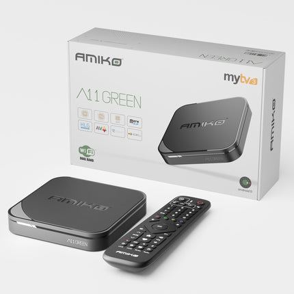 AMIKO A11 roheline 4K UHD Android 11 teleriboks, kahesageduslik WiFi WLAN, HDR10+, HLG, 2 GB muutmälu ja 16 GB välkmälu, teleri vastuvõtja, Bluetooth 4.0, My TV3, SD-kaardi pesa, USB 2.0 ja 3.0, HEVC, infrapunaliides