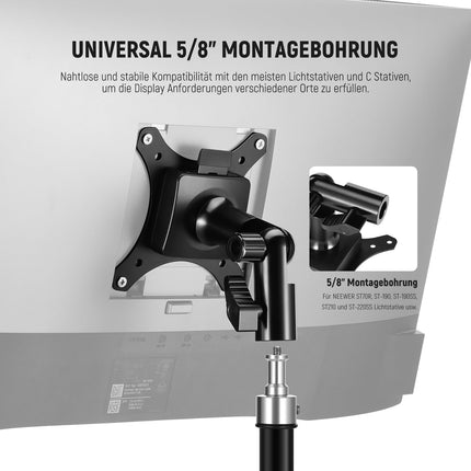NEEWER monitori kinnitusadapter kiirkinnitusega VESA kinnitusega, 270° reguleeritav metallist 5/8" C-jalg, valgusti aluse adapter teleriekraanidele kuni 17-32", maksimaalne koormus 8 kg, MA010