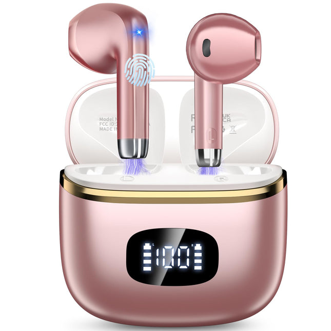 Bluetooth-kõrvaklapid, juhtmevabad Bluetooth 5.3 kõrvaklapid 4 ENC mürasummutava mikrofoniga, juhtmevabad HiFi stereokõrvaklapid, LED-ekraan, 40 tundi mänguaega, kõrvasisesed kõrvaklapid tööks, mängimiseks, sportimiseks, roosakuldne