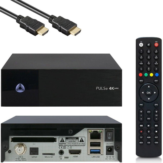 AB PULSe 4K Mini SE UHD satelliitvastuvõtja HDMI-kaabliga, mitmikkäivituse funktsioon E2 Linux OS-iga, DVB-S2X satelliittuuner, Ultra HD 4K eraldusvõime HDR10 toega, CI, CA, MicroSD pesa, LAN