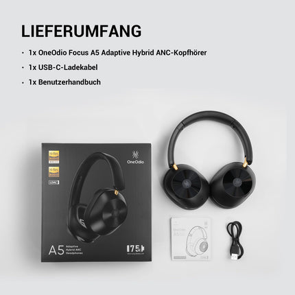 OneOdio A5 kõrvaklapid, juhtmevabad Bluetooth-kõrvaklapid, hübriidne aktiivne mürasummutus, kõrglahutusega LDAC-heli, 75-tunnine aku, Bluetooth 5.4, selged kõned, mängurežiim, kiire laadimine arvuti reisimiseks, kodukontoriks