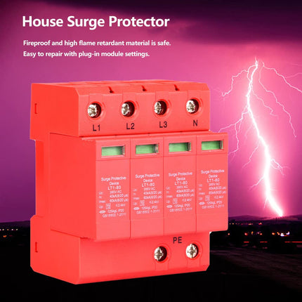 4P Home Surge Protector Low Voltage Arrester 40KA Surge Arrester DIN Rail for Thunder Protection, Three-Phase Four-Wire (4P40KA)