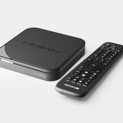AMIKO A11 roheline 4K UHD Android 11 teleriboks, kahesageduslik WiFi WLAN, HDR10+, HLG, 2 GB muutmälu ja 16 GB välkmälu, teleri vastuvõtja, Bluetooth 4.0, My TV3, SD-kaardi pesa, USB 2.0 ja 3.0, HEVC, infrapunaliides