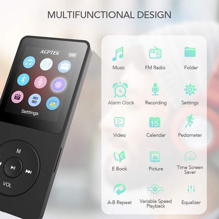 AGPTEK MP3-mängija 32GB Bluetooth 5.3 kadudeta HiFi 70H pika akueaga kaasaskantav kõlariga FM-raadio MP3 salvestus sport täiskasvanutele ja lastele (ilma kõrvaklappideta)