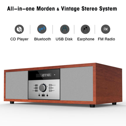 Kompaktsed süsteemid Nostalgiline Bluetooth-stereosüsteem koju, WISCENT Vintage Micro HiFi Systems CD-mängija Bluetooth-heli voogedastusega, FM-raadio, USB-port, Aux-sisend, muusikakeskus