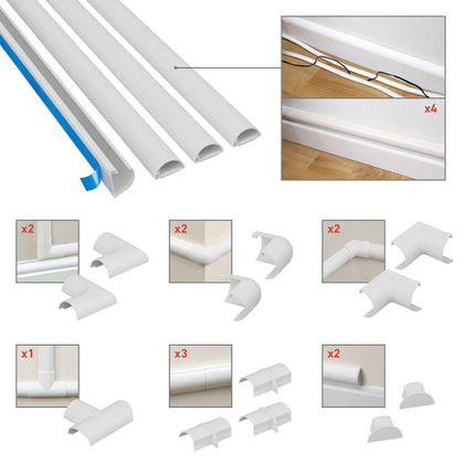 D-Line 3015KIT001 Mini Self-Adhesive Round White Cable Trunking, 30x15 mm, 4 x 1 m Length - 4 Meter Multipack &amp; Mini Cable Trunking for Cable Management - 30x15 mm - 10 x 40 cm Length (4 Meters) - White