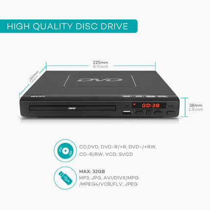 KCR DVD-mängija telerile, DVD/CD/MP3 USB-pordi, HDMI- ja AV-väljundiga (HDMI- ja AV-kaablid kaasas), kaugjuhtimispult