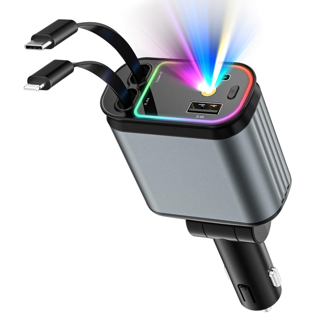 Ofottofo 4-ühes sissetõmmatav autolaadija adapter, 66W mobiiltelefoni kiire autolaadija sigaretisüütaja USB-C kaudu, autolaadimiskaabel, mis ühildub iPhone'i, Samsung Galaxy ja Google Pixeliga, kaks valgusrežiimi