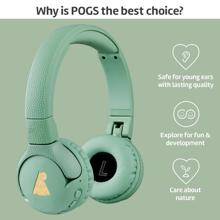 POGS juhtmevabad Bluetooth-kõrvaklapid lastele | Gecko 2 | Kokkupandavad ja vastupidavad laste kõrvaklapid alates 3. eluaastast | Helitugevuse piirang 70–85 dB | Mikrofon | Kõrvaklapid | Juhtmevaba muusika jagamise funktsioon (roheline)