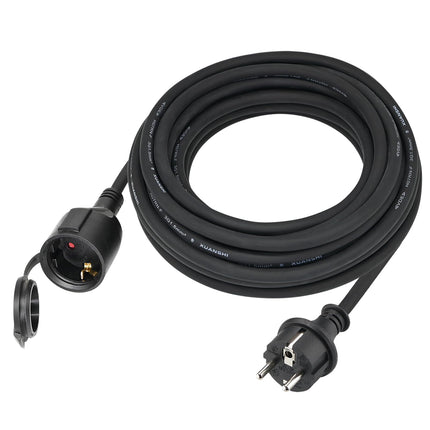 Välistingimustes kasutatav pikendusjuhe 5m, kummist pikendusjuhe Schuko pistikuga, IP44 pikendusjuhe H07RN-F 3G1,5 mm² kaabel, kaitsekorgiga, 3500W, 16A 250V, must