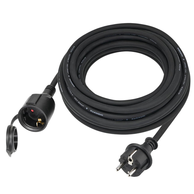 Välistingimustes kasutatav pikendusjuhe 5m, kummist pikendusjuhe Schuko pistikuga, IP44 pikendusjuhe H07RN-F 3G1,5 mm² kaabel, kaitsekorgiga, 3500W, 16A 250V, must