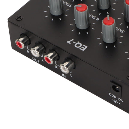 Reguleeritav 7-ribaline ekvalaiser, DC 5-12V 7-ribaline ekvalaiser autovõimendi 3,5 mm liidesega, sagedusvahemikud 60Hz/150Hz/400Hz/1KHz/3KHz/6,5KHz/15KHz (EL-pistik)
