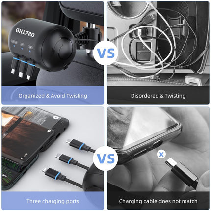OHLPRO mitme peatoega sissetõmmatav autolaadija, 3-ühes USB-C laadimiskaabel, sissetõmmatav tagaistme autolaadija iPhone'ile, Samsungile, Androidile, ideaalne taksodele, Uberile, šofööridele, reisitarvikutele
