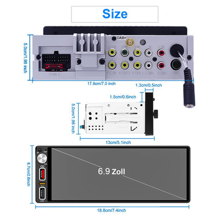 6.9 inch 1 Din Car Radio with Wireless CarPlay &amp; Android Auto, Bluetooth, Full Touch Car Radio Display FM, DAB+, Rear View Camera and Microphone Support