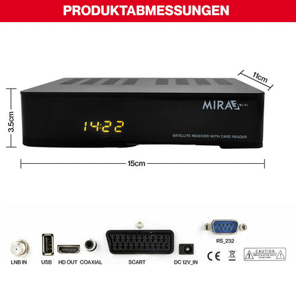 Amiko MIRA3 HD satellite receiver with recording function, card slot, timeshift, HDMI, PVR, USB, WiFi, AAC-LC, SCART, coaxial - satellite receiver HD for satellites, satellite receiver with 12V power supply + HDMI cable M@tec