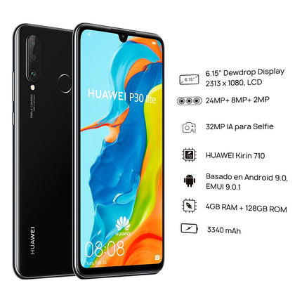 HUAWEI P30 Lite (128GB, 4GB RAM) 6,15-tolline ekraan, tehisintellektiga kolmekordne kaamera, 32MP selfie-kaamera, kahe SIM-kaardiga globaalne 4G LTE GSM tehase lukustamata MAR-LX3A (kesköömust)