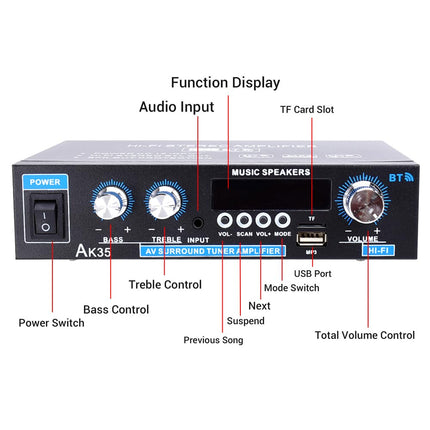 WOOPKER AK35 HiFi võimendi, Bluetooth 5.0 minivõimendi HiFi stereo kodukino stereo AV-vastuvõtja kõrgete ja basssagedustega USB/RCA/MIC/FM-iga
