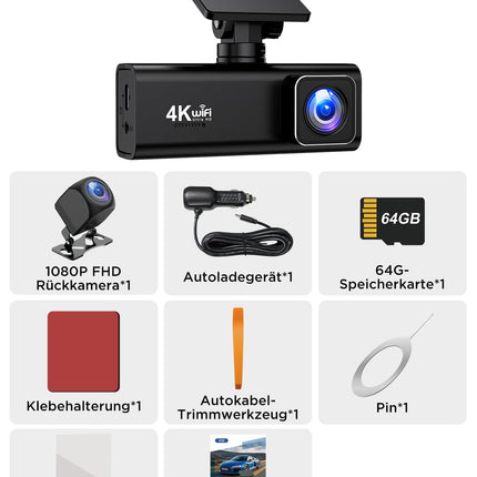 Topabol autoregistraator, 4K + 1080P autoregistraator ees ja taga, WiFi-ga autoregistraator 64 GB SD-kaardiga, kahekordne autokaamera öönägemisega, 170° lainurk WDR, G-andur, tsükkelsalvestus, rakenduse juhtimine, max 256 GB