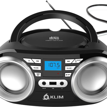 KLIM B3 kaasaskantav CD-mängija Bluetooth Boombox FM-raadio, Bluetoothi, USB ja AUX-iga - kvaliteetsed topeltkõlarid, ekvalaiseriga heliefektid, 20 eelsalvestatud jaama, kompaktne ja kerge | Kaasaskantav CD-mängija