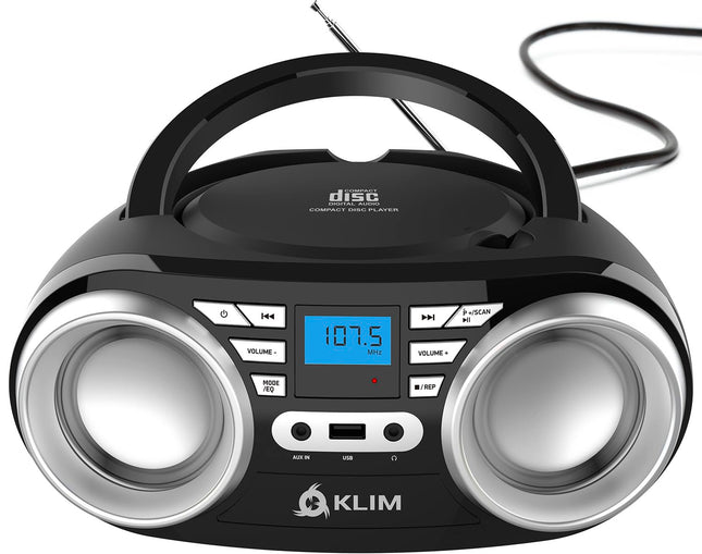 KLIM B3 kaasaskantav CD-mängija Bluetooth Boombox FM-raadio, Bluetoothi, USB ja AUX-iga - kvaliteetsed topeltkõlarid, ekvalaiseriga heliefektid, 20 eelsalvestatud jaama, kompaktne ja kerge | Kaasaskantav CD-mängija