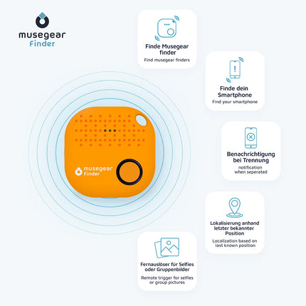 musegear key finder with Bluetooth app from Germany I Maximum data protection I orange 2-pack I For iOS &amp; Android I Find keys