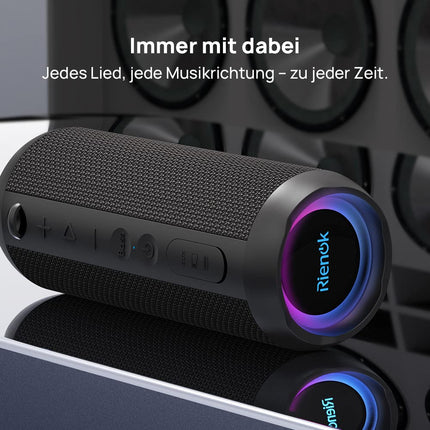 RIENOK Bluetooth Speaker with Light Bluetooth 5.3 Music Box Bass Wireless Box with IPX7 Waterproof Stereo Sound Portable