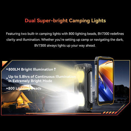 Blackview BV7300 lepinguta õuetelefon 2025, 18GB+256GB õuenutitelefon Android 14, 2 * 800LM matkalamp, 50MP+32MP, 6.67", 15000mAh, IP68 veekindel ehitusplatsi telefon, 4G LTE, NFC, GPS, oranž