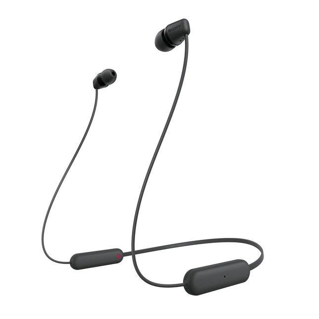 Sony WI-C100 juhtmevabad kõrvaklapid (kuni 25 tundi aku tööiga, optimeeritud häälassistentidele, integreeritud mikrofon telefonikõnede jaoks, Bluetooth), mustad, väikesed