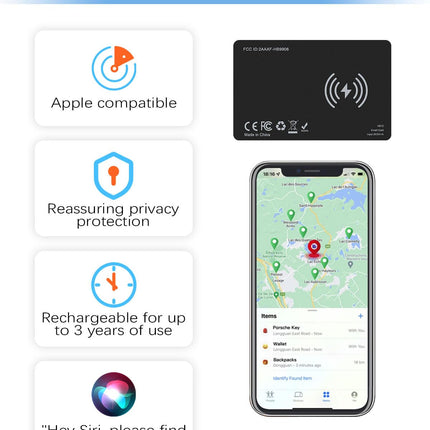 Õhuke Airtag kaart 1.6mm, nutikas rahakoti jälgimiskaart laetav, (ainult iOS-ile), GPS-esemete leidja IP68 veekindlusega, ühildub A-APPLE Find My rakendusega