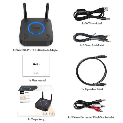 1Mii pika leviala vastuvõtja, HiFi traadita audioadapter, aptX madala latentsusega Bluetooth 5.1 vastuvõtja 3D ruumilise heliga stereokõlarite jaoks, optiline koaksiaal 3,5 mm RCA AUX
