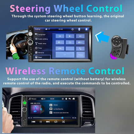Podofo 2 DIN autoraadio Bluetoothiga, 7-tolline autoraadio ekraaniga, MP5-mängijaga, toetab FM-raadiot/AUX-i/peegliühendust/roolijuhtimist/kaugjuhtimispulti + 12 tulega tahavaatekaamerat