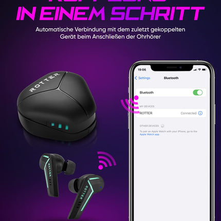 ROTTER® juhtmevabad Bluetooth-mobiilsed mängukõrvaklapid, äärmiselt madal latentsusaeg 50 ms, Bluetooth 5.3, kahe režiimiga, 35 tundi mänguaega, IPX4 veekindlus, 6 mikrofoni (mustad)