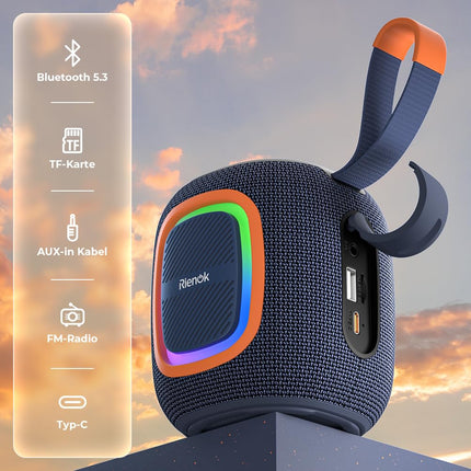 RIENOK Bluetooth Speaker Small with Light FM Radio Bluetooth 5.3 Music Box Wireless Bass Box with 15 Hours Playtime Stereo Portable Waterproof TF Card USB Stick Marine