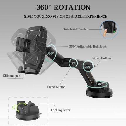 Truck Phone Mount, Car Phone Mount, Dashboard Windshield Phone Mount, 16.9 Inch Long Arm, Super Suction Cup, Robust Phone Holder, Shockproof, Black