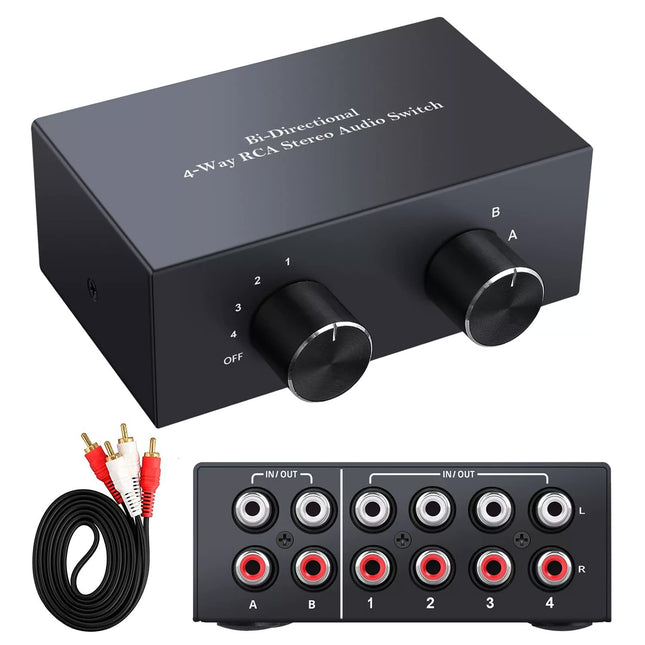 XMSJSIY 4-suunaline kahesuunaline RCA stereo lüliti, helivaliku kast DVD, kõlari ja CD-mängija jaoks, ühildub L/R helikanaliga seadmetega