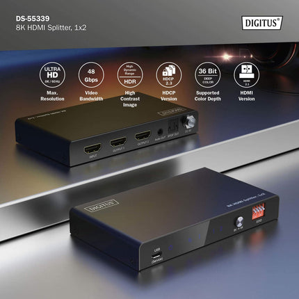 DIGITUS DS-55339 HDMI jaotur 1x2 – sisend: 1 port/väljund: 2 porti – UHD 8K/60 Hz HDTV: 7680 × 4320p – HDCP 2.3 ja HDMI 2.1 – HDR, Deep Color, EDID-lüliti – Toslink, Stereo (3,5 mm)