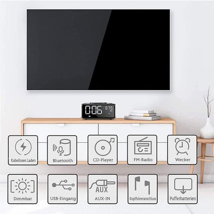G Keni raadio CD-mängijaga (FM-raadio) | Bluetooth-raadio - 10-vatine juhtmevaba laadija, digitaalne äratuskell LED-ekraaniga, 3,5 mm AUX, kõrvaklapipesa, USB-sisend (must)